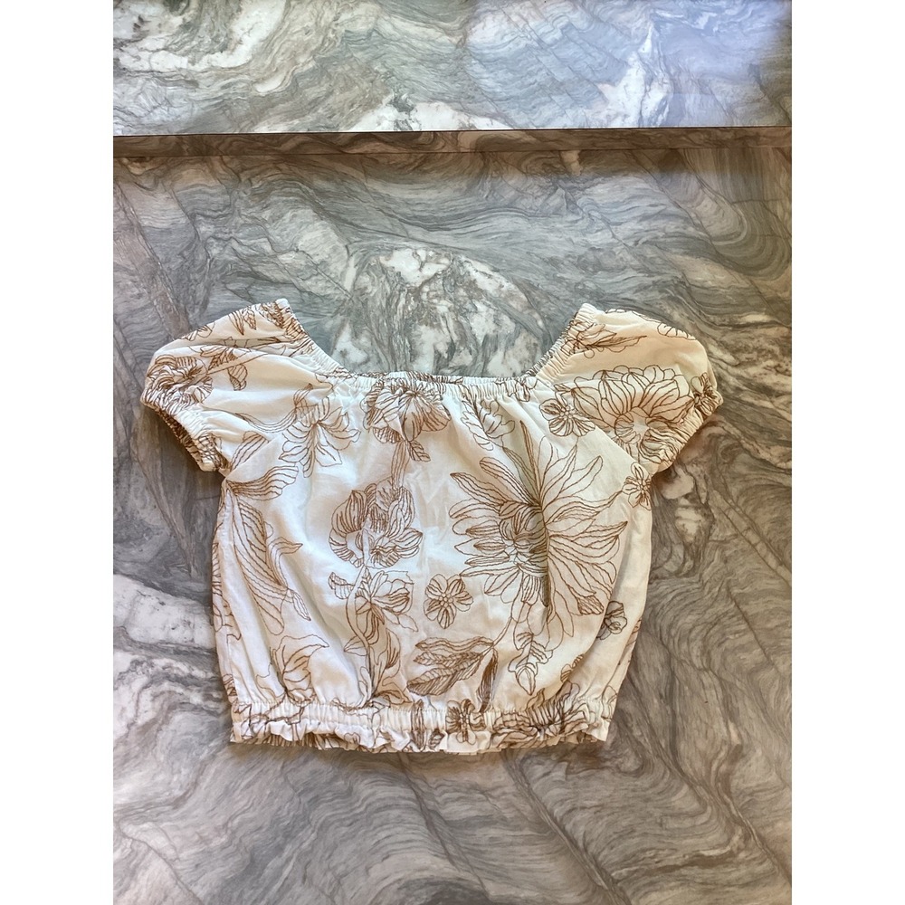 Cupcakes‎ and Cashmere White Brown Floral Embroidered Crop Top XS Smocked Hem